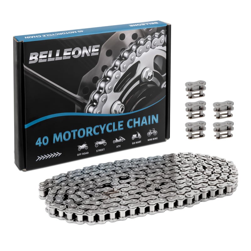 Belleone #40 Roller Chain - 10 Feet #40 Chain with 5 Connecting Links for Go Karts, Mini Bikes, Scooters, Motorcycles, Bycicles, ATV, MTV, Dirt Bike and Other Industrial Machinery - 240 Links - Image 1